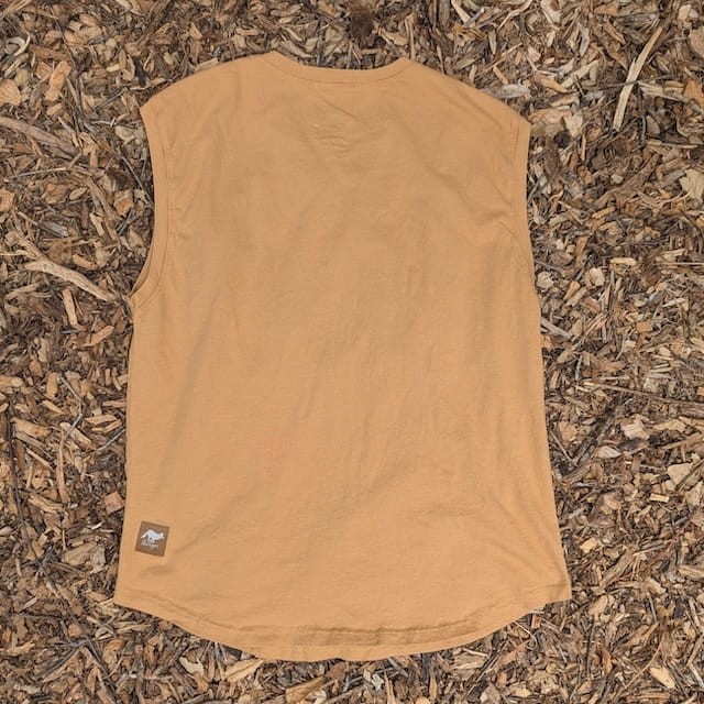 Runyon Women's Camel Tan  -  100% Cotton Muscle Tee - Made In USA - Hiking, Running, Workout, Fitness, Outdoors - Cottontrails Muscle Tees