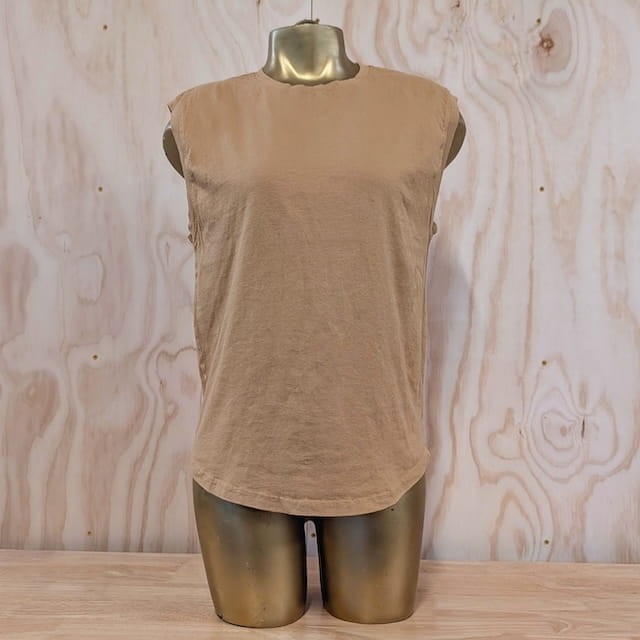 Runyon Women's Camel Tan  -  100% Cotton Muscle Tee - Made In USA - Hiking, Running, Workout, Fitness, Outdoors - Cottontrails Muscle Tees