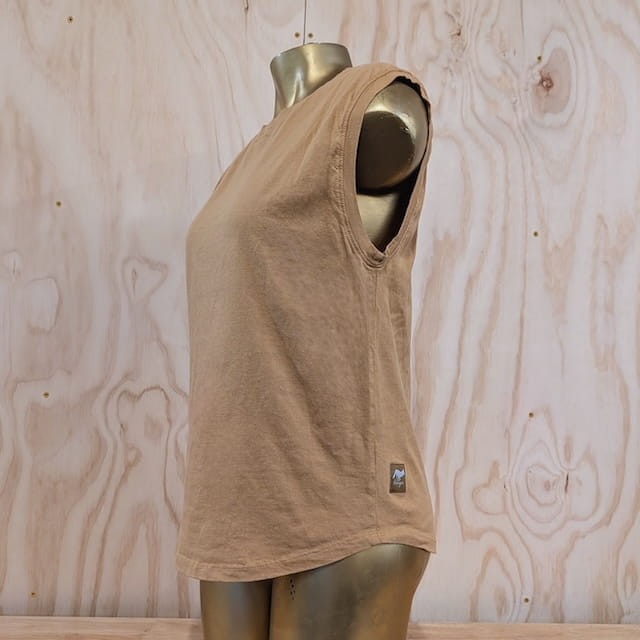 Runyon Women's Camel Tan  -  100% Cotton Muscle Tee - Made In USA - Hiking, Running, Workout, Fitness, Outdoors - Cottontrails Muscle Tees