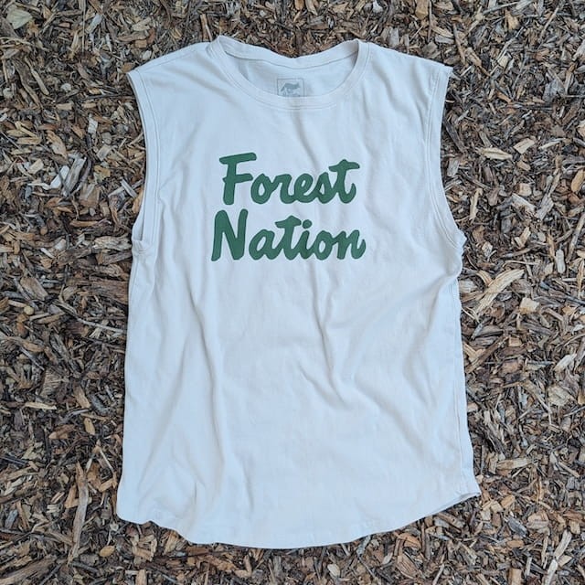 Runyon Women's (Unisex) Forest Nation on Sand Creme Beige 100% Cotton Muscle Tee - Made In USA - Hiking, Running, Workout, Fitness, Outdoors - Cottontrails Muscle Tees