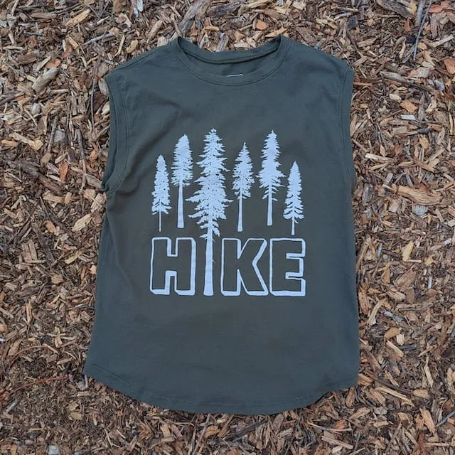 Runyon Women's (Unisex) Olive Green Sleeveless Muscle Tee 100% Cotton Cottontrails American Made In The USA - HIKE Print - Hiking, Running