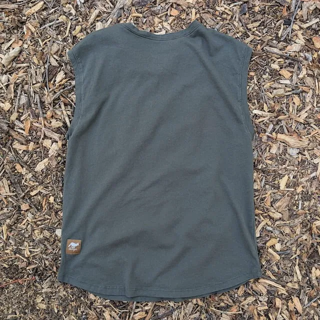 Runyon Women's (Unisex) Olive Green Sleeveless Muscle Tee 100% Cotton Cottontrails American Made In The USA - HIKE Print - Hiking, Running