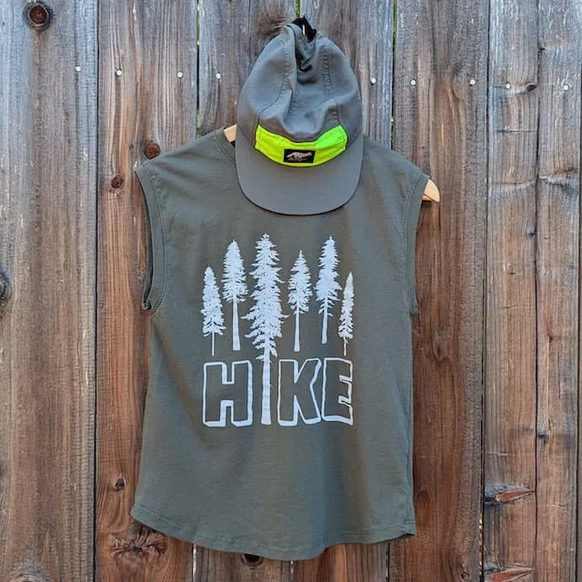 Runyon Women's (Unisex) Olive Green Sleeveless Muscle Tee 100% Cotton Cottontrails American Made In The USA - HIKE Print - Hiking, Running