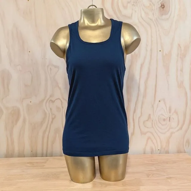 Women's (Unisex) 100% cotton athletic tank top singlet in Navy Blue, Made in USA by Runyon, for running, hiking, gym workouts and training