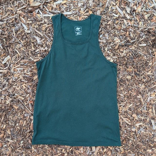 Women's (Unisex) 100% cotton athletic tank top singlet in Forest Green, Made in USA by Runyon, for running, hiking, gym workouts and training