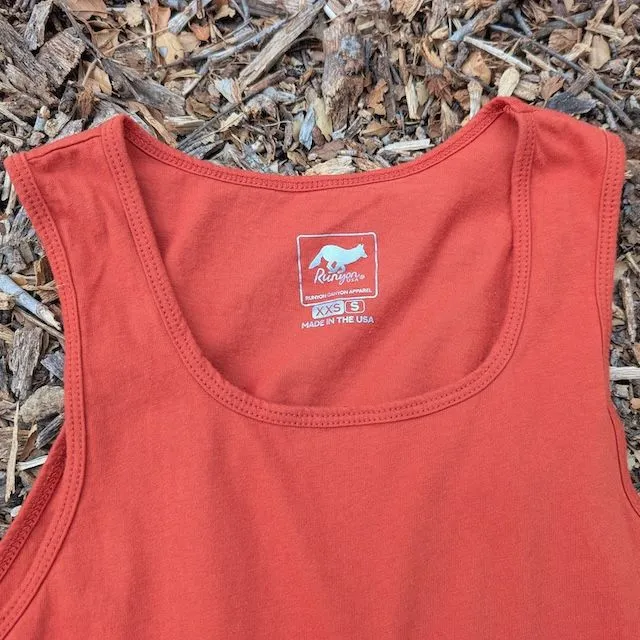Women's (Unisex) 100% cotton athletic tank top singlet in Rust (Brick Red), Made in USA by Runyon, for running, hiking, gym workouts and training