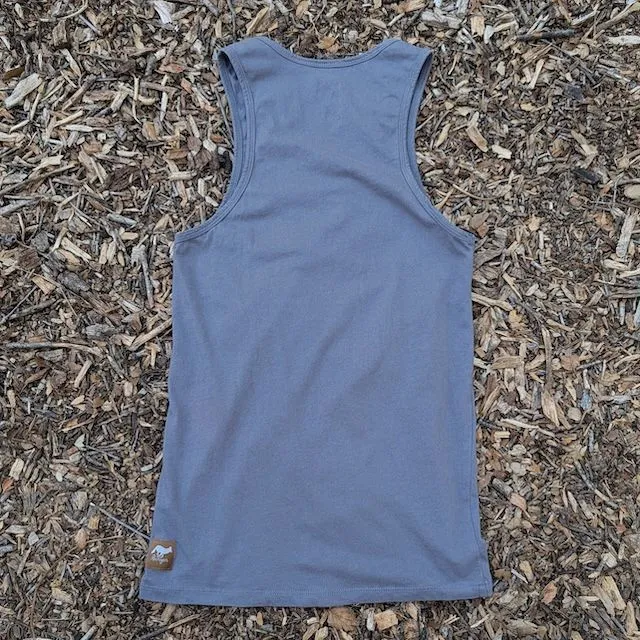 Women's (Unisex) 100% cotton athletic tank top singlet in Steel Grey, Made in USA by Runyon, for running, hiking, gym workouts and training