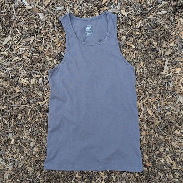 Women's (Unisex) 100% cotton athletic tank top singlet in Steel Grey, Made in USA by Runyon, for running, hiking, gym workouts and training