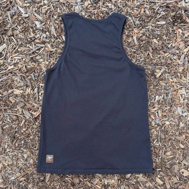 Women's (Unisex) 100% cotton athletic tank top singlet in Vintage Black, Made in USA by Runyon, for running, hiking, gym workouts and training