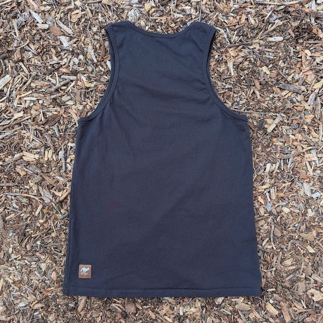 Women's (Unisex) 100% cotton athletic tank top singlet in Vintage Black, Made in USA by Runyon, for running, hiking, gym workouts and training