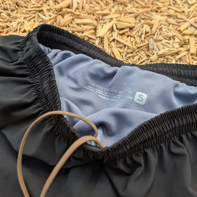 Runyon Mens 3" Running Short in Black - Made In USA - Coyote Brown Zipper Phone Pocket, Lined, Brown Inside Drawcords, Mesh Liner.  Made In Los Angeles.