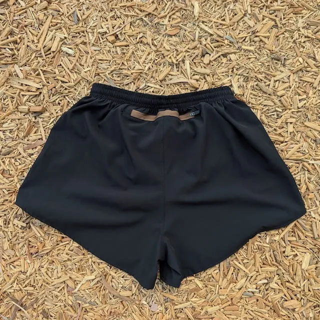 Runyon Mens 3" Running Short in Black - Made In USA - Coyote Brown Zipper Phone Pocket, Lined, Brown Inside Drawcords, Mesh Liner.  Made In Los Angeles.