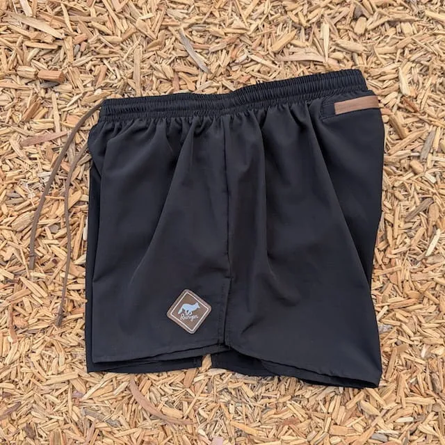 Runyon Mens 3" Running Short in Black - Made In USA - Coyote Brown Zipper Phone Pocket, Lined, Brown Inside Drawcords, Mesh Liner.  Made In Los Angeles.