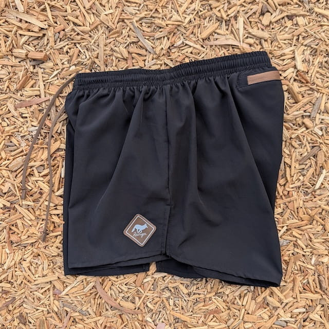 Runyon Mens 3" Running Short in Black - Made In USA - Coyote Brown Zipper Phone Pocket, Lined, Brown Inside Drawcords, Mesh Liner.  Made In Los Angeles.