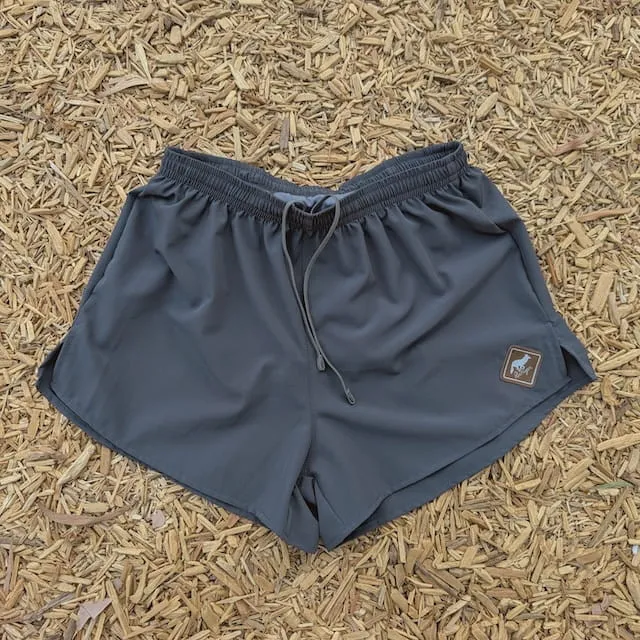 Runyon Mens 3" Running Short in Graphite Dark Grey - Made In USA - Backside Zipper Phone Pocket, Lined, Brown Inside Drawcords, Mesh Liner.  Made In Los Angeles.