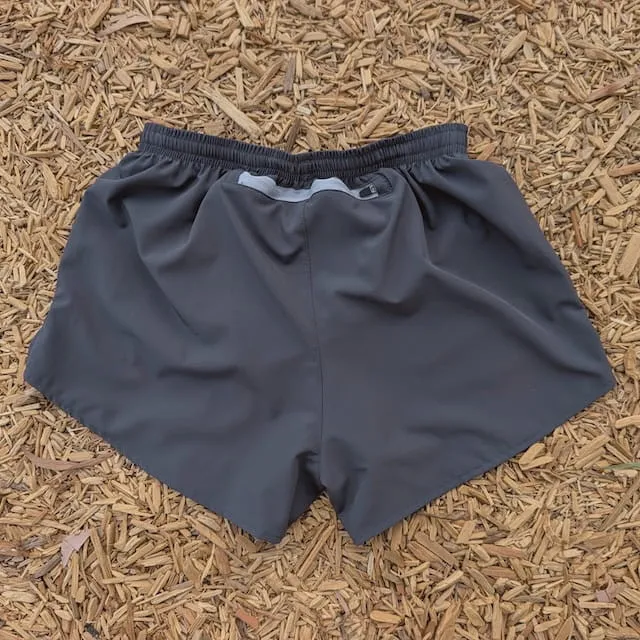 Runyon Mens 3" Running Short in Graphite Dark Grey - Made In USA - Backside Zipper Phone Pocket, Lined, Brown Inside Drawcords, Mesh Liner.  Made In Los Angeles.