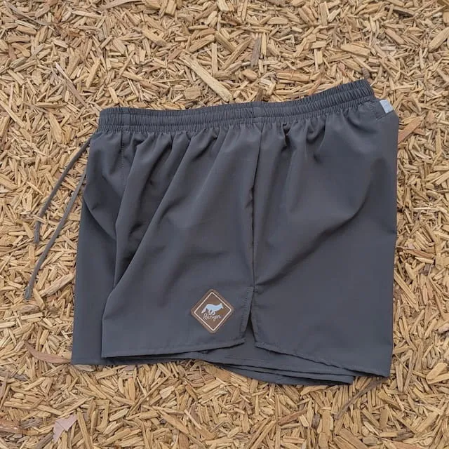 Runyon Mens 3" Running Short in Graphite Dark Grey - Made In USA - Backside Zipper Phone Pocket, Lined, Brown Inside Drawcords, Mesh Liner.  Made In Los Angeles.