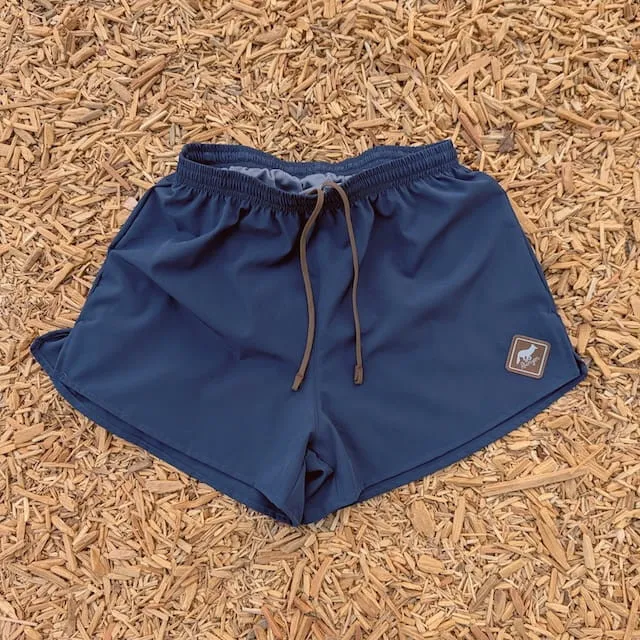 Runyon Mens 3" Running Short in Navy Blue - Made In USA - Backside Zipper Phone Pocket, Lined, Brown Inside Drawcords, Mesh Liner.  Made In Los Angeles.