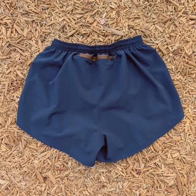 Runyon Mens 3" Running Short in Navy Blue - Made In USA - Backside Zipper Phone Pocket, Lined, Brown Inside Drawcords, Mesh Liner.  Made In Los Angeles.