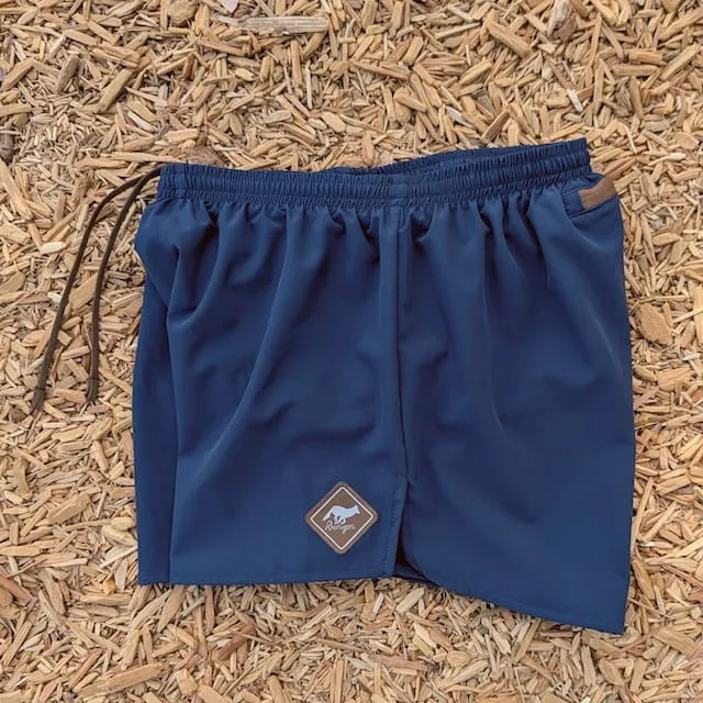 Runyon Mens 3" Running Short in Navy Blue - Made In USA - Backside Zipper Phone Pocket, Lined, Brown Inside Drawcords, Mesh Liner.  Made In Los Angeles.