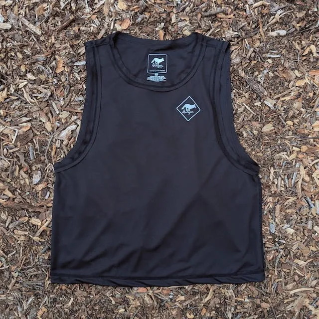 Runyon Women's Unisex Cropped Tech Trail Tank -  Black Moisture Wicking Muscle Tank Top Made In USA - Running, Hiking, Working Out