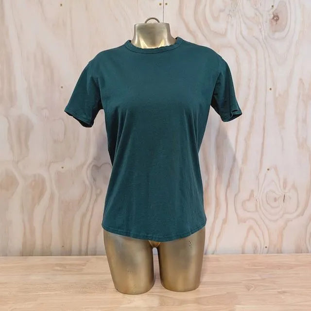 Women's (Unisex) 100% cotton athletic short sleeve shirt in Forest Green, Made in USA by Runyon, for running, hiking, gym workouts and training