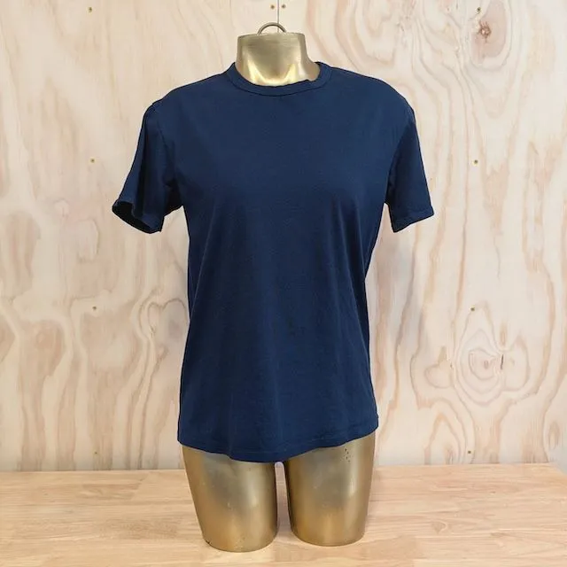 Women's (Unisex) 100% cotton athletic short sleeve shirt in Dark Navy Blue, Made in USA by Runyon, for running, hiking, gym workouts and training