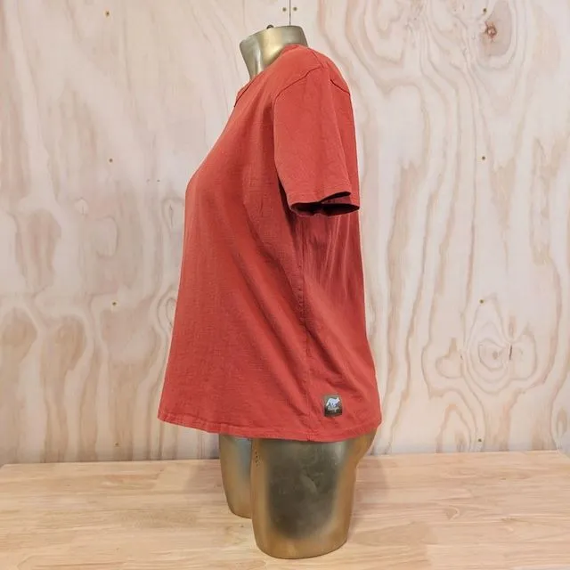 Women's (Unisex) 100% cotton athletic short sleeve shirt in Rust (Brick Red), Made in USA by Runyon, for running, hiking, gym workouts and training