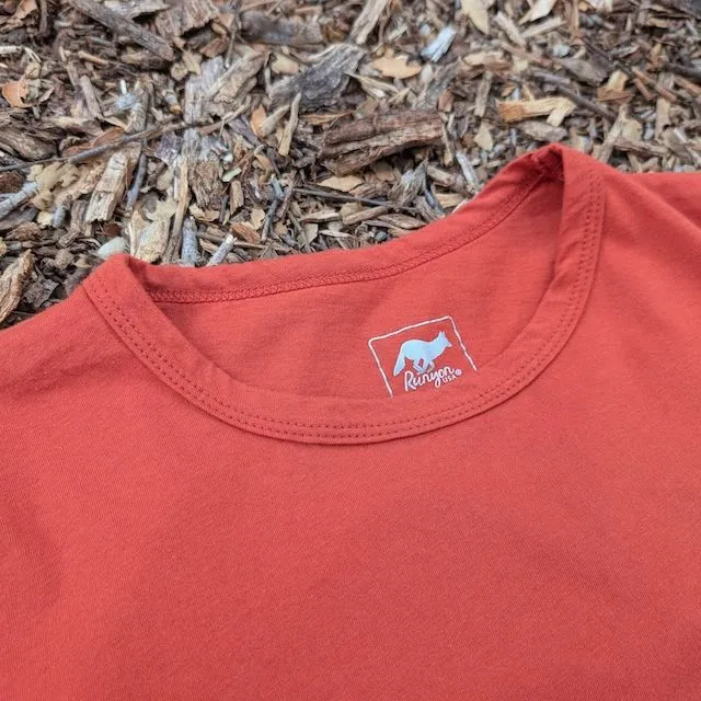 Women's (Unisex) 100% cotton athletic short sleeve shirt in Rust (Brick Red), Made in USA by Runyon, for running, hiking, gym workouts and training
