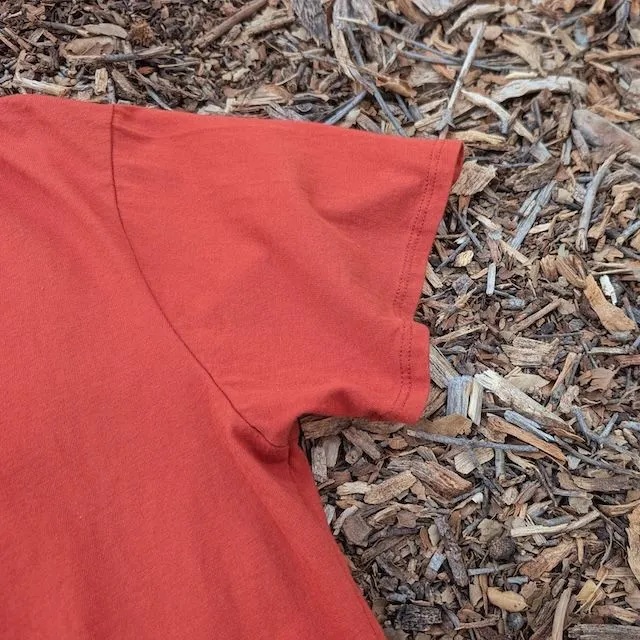 Women's (Unisex) 100% cotton athletic short sleeve shirt in Rust (Brick Red), Made in USA by Runyon, for running, hiking, gym workouts and training