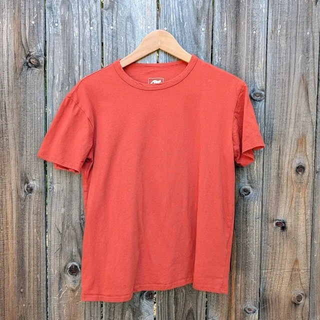 Women's (Unisex) 100% cotton athletic short sleeve shirt in Rust (Brick Red), Made in USA by Runyon, for running, hiking, gym workouts and training