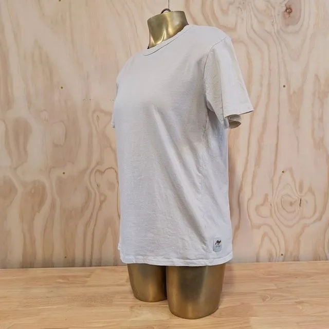 Women's (Unisex) 100% cotton athletic short sleeve shirt in Sand, Made in USA by Runyon, for running, hiking, gym workouts and training