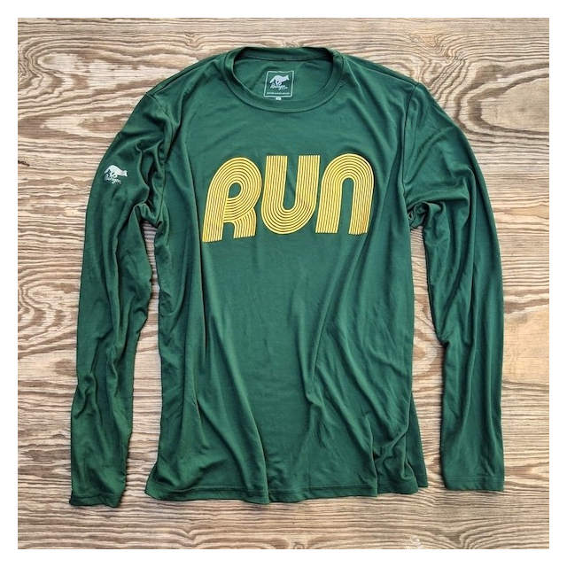 Runyon American Made In USA Mens Running Clothing Forest Green Gold RUN Long Sleeve Fitness Shirt Performance Sportswear