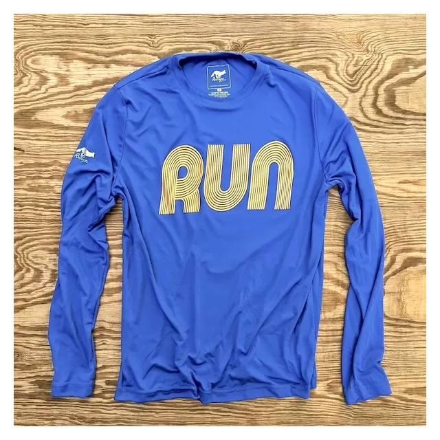 American Made In USA Mens Running Clothing Royal Gold RUN Long Sleeve Fitness Shirt Performance Sportswear Runyon Canyon Apparel