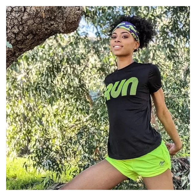 American Made In USA Women's Running Clothing RUN Black Neon Fitness Shirt Performance Sportswear Runyon Canyon Apparel