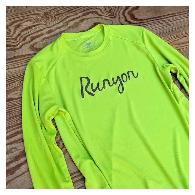 Runyon Canyon Apparel Lime Script Long Tech Trail Fitness Shirt Made In USA. Running, Hiking, Trails, Outdoor Performance