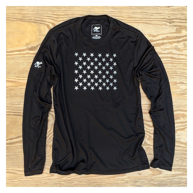 Runyon Men's Striped Star Black Long Sleeve Training Shirt great for Running, Hiking, Outdoor Fitness Made In USA