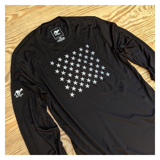 Runyon Men's Striped Star Black Long Sleeve Training Shirt great for Running, Hiking, Outdoor Fitness Made In USA