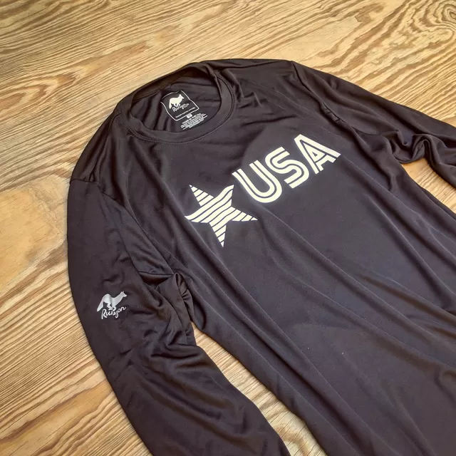 Runyon Men's Star USA Black Long Sleeve Training Shirt great for Running, Hiking, Outdoor Fitness Made In USA