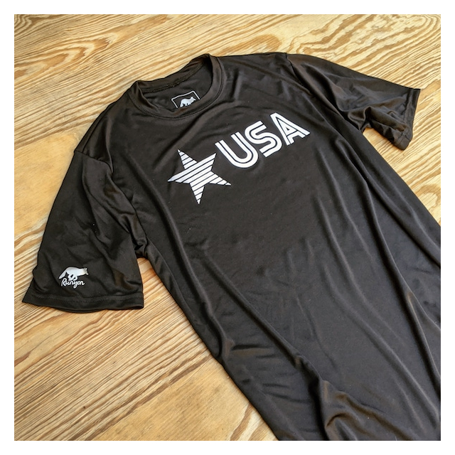 Runyon Mens Star USA Black Training Shirt great for running, hiking, trails, outdoor fitness. Made In USA