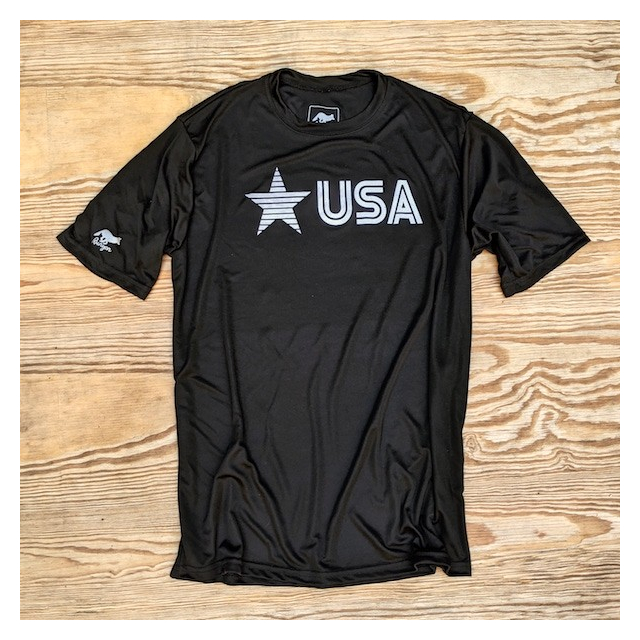 Runyon Mens Star USA Black Training Shirt great for running, hiking, trails, outdoor fitness. Made In USA