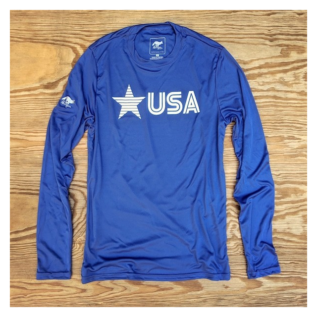 Runyon Men's Star USA Royal Blue Long Sleeve Training Shirt great for Running, Hiking, Outdoor Fitness Made In USA