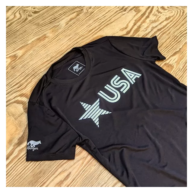 Runyon Women's Star USA Black Training Shirt great for Running, Hiking, Outdoor Fitness Made In USA