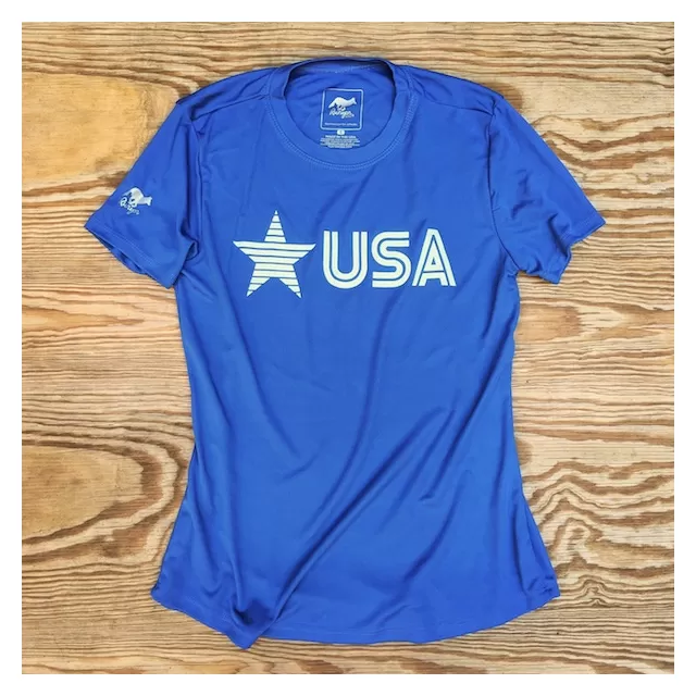 Runyon Women's Star USA Royal Blue Training Shirt great for Running, Hiking, Outdoor Fitness Made In USA