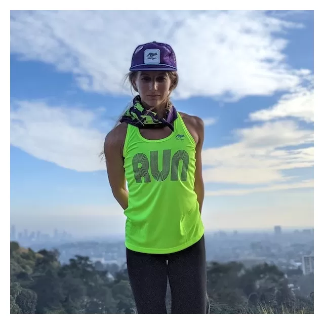 American Made In USA Womens Running Clothing Neon Yellow RUN Fitness Tank Top Performance Sportswear Runyon Canyon Apparel