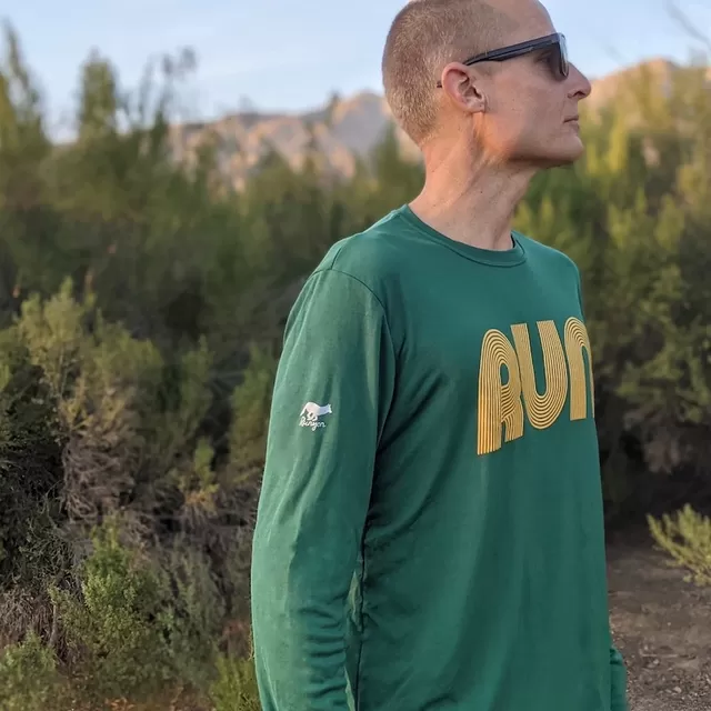 Runyon American Made In USA Mens Running Clothing Forest Green Gold RUN Long Sleeve Fitness Shirt Performance Sportswear