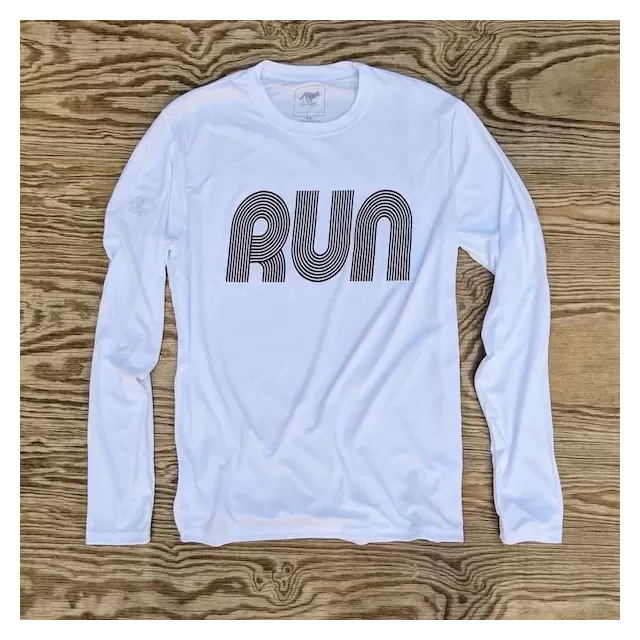 Runyon Mens White RUN Long Sleeve Fitness Shirt Performance Sportswear Runyon Canyon Apparel Made In USA