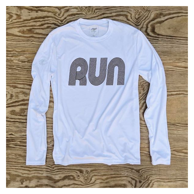 Runyon Mens White RUN Long Sleeve Fitness Shirt Performance Sportswear Runyon Canyon Apparel Made In USA