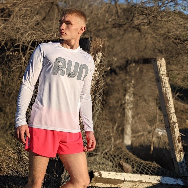 Runyon Mens White RUN Long Sleeve Fitness Shirt Performance Sportswear Runyon Canyon Apparel Made In USA
