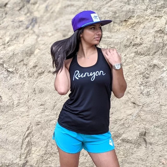 Runyon Women's Reflective Script Black Fitness Performance Tank Top Made In USA Runyon Women's Reflective Script Black Fitness Performance Tank Top Made In USA